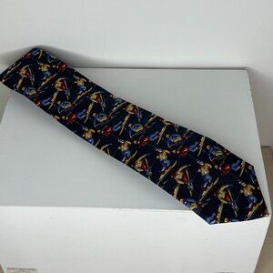 Vintage Lands' End All Over Skiing Print Silk Neck Tie Blue Tie Winter